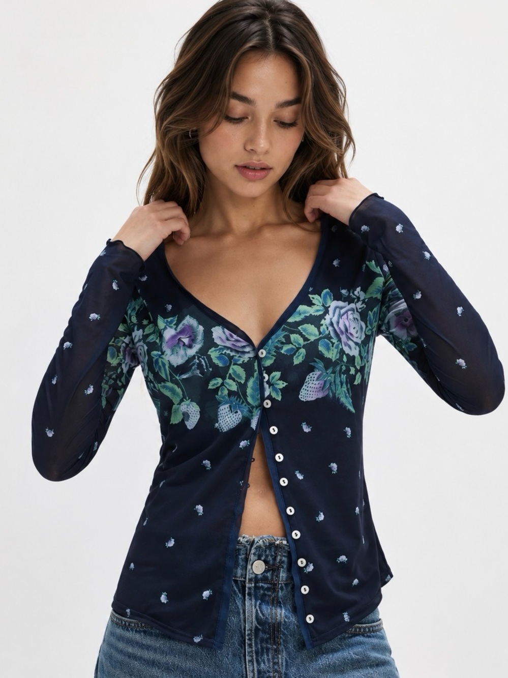 Free People Home Grown Mesh Cardi Floral Long Sleeve Button up Top XS